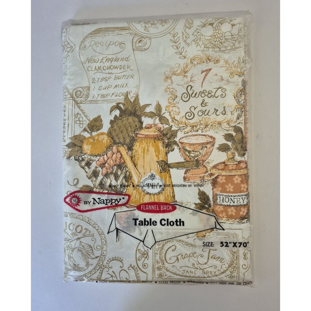 Nappy Vintage Vinyl Flannel Black Kitchen Recipes Fall Motif 52 x 70" Tablecloth